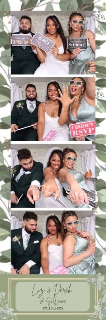 Guests posing inside Penny the Photo Bus at a Tampa, Florida wedding